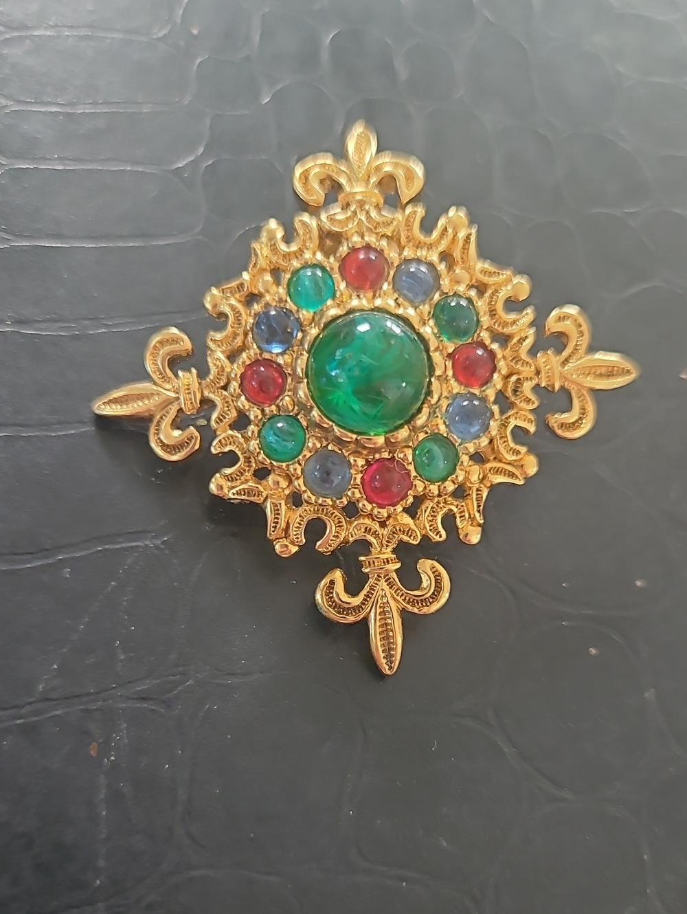 Dior Gold-Tone Multistone Brooch with Green, Blue and Red Cabochon
